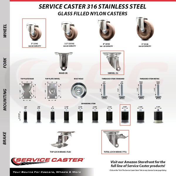Service Caster 3 Inch 316SS High Temp Glass Filled Nylon 1-5/8 Inch Stem Caster Set Lock Brake SCC-SS316TTLEX20S314-GFNSHT-158-4 - main